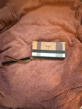 Striped Wristlet Wallet with Gold Dragonfly Accent - Brown/Tan/Black